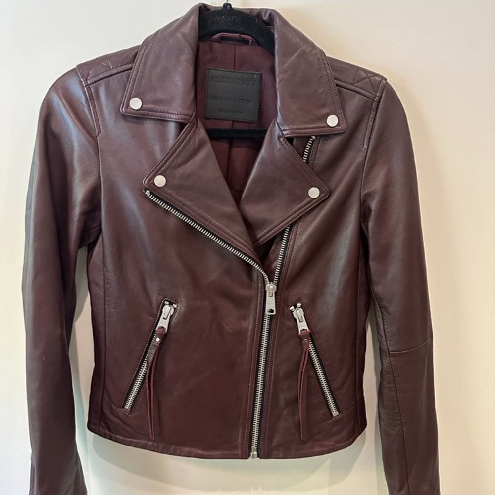 ALLSAINTS Dalby Leather Biker Jacket Dark Raspberry Pink